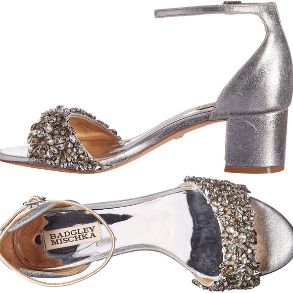 Badgley Mischka Vega Silver Leather Ankle Strap Embellished Block Heel NEW 8 - Picture 8 of 8